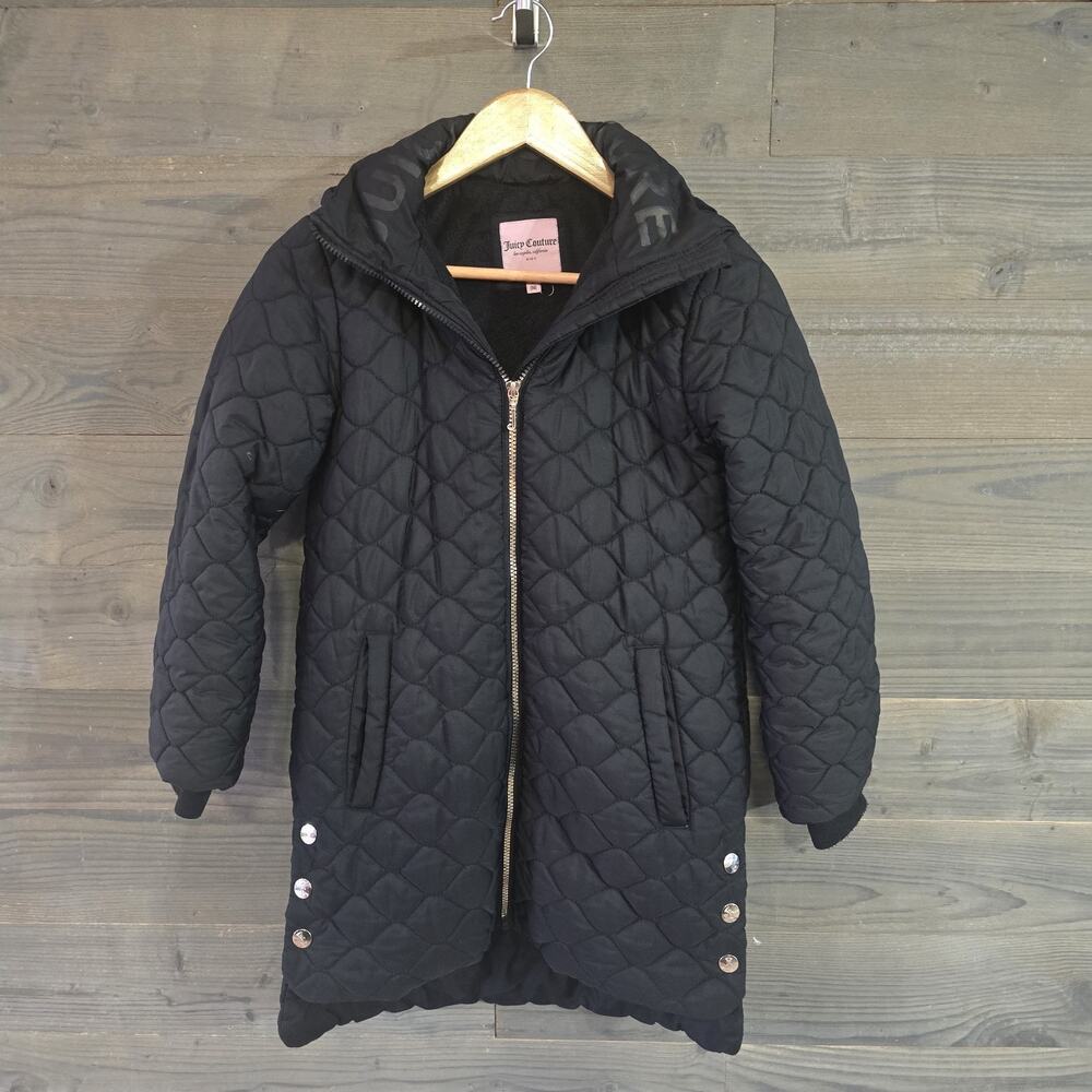 Juicy Couture Kids Quilted Puffer Coat Black Hooded Faux Fur Lined Size 14